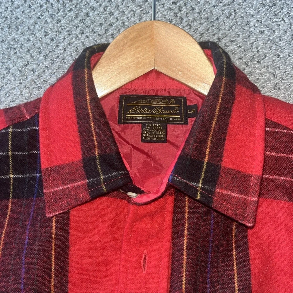 Men's Vintage Eddie‎ Bauer Wool Buffalo Plaid Red, Heavy Button Up Shirt. Large